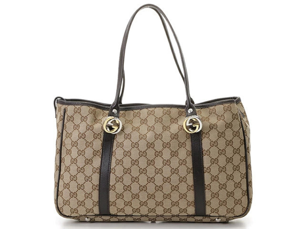 Gucci GG Twins Shoulder Bag Tote Beige Cream Dark Brown Canvas